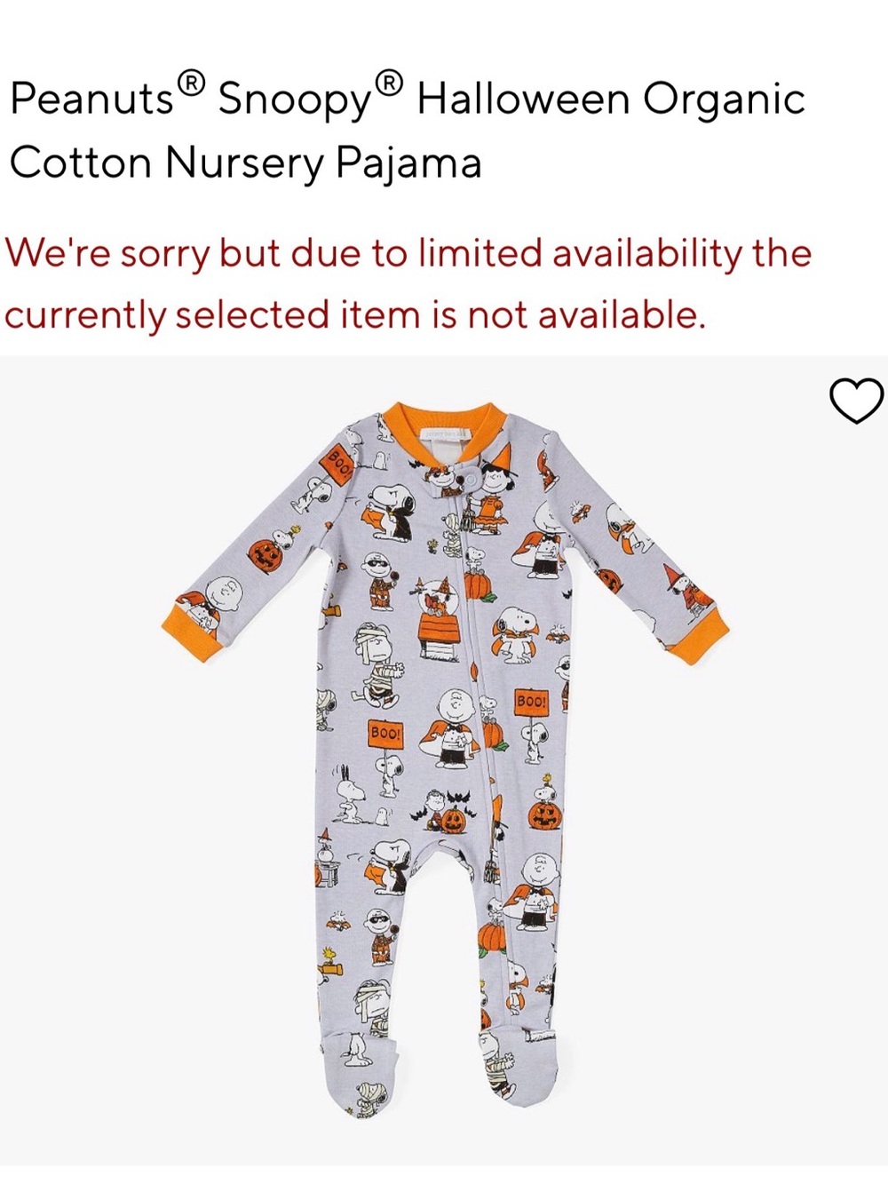 Pottery Barn Kids Peanuts Snoopy Halloween Footed One-Piece - Orange and Gray
